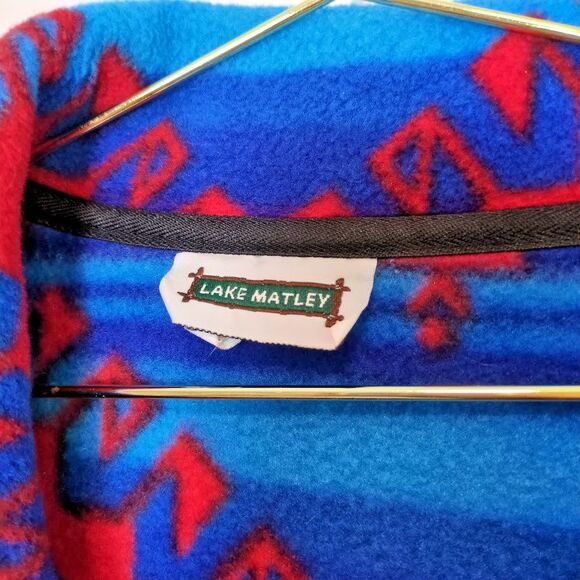 VTG Lake Matley Men's XL Aztec Print Full Zip Fleece Jacket Blue / Red Adult - Picture 2 of 6
